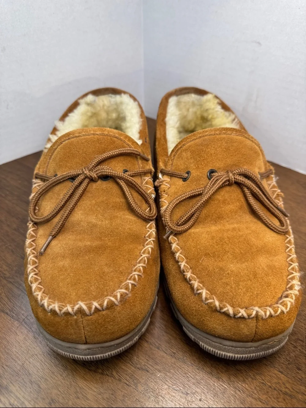 RJs Fuzzies Men's Suede Shearling Lined Moccasin Slippers Grandpa Loafer, sz 9
